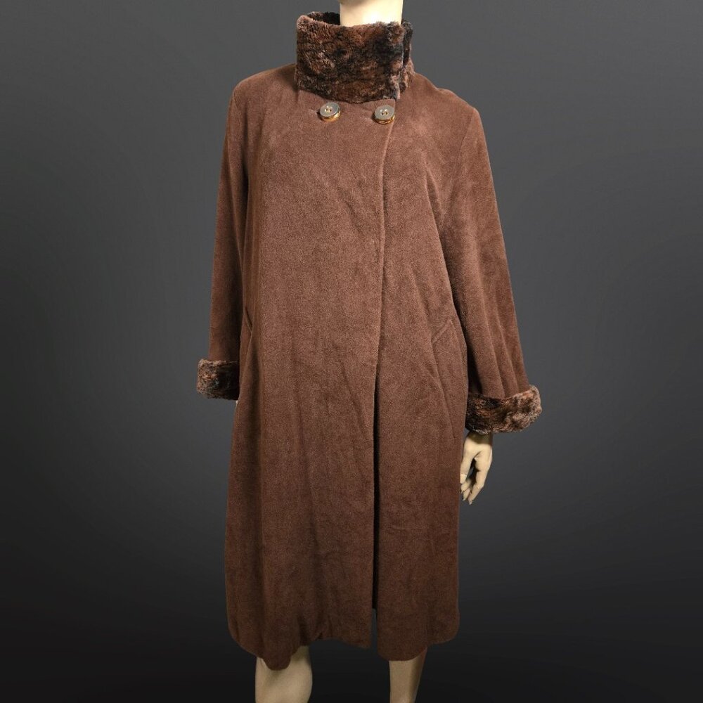 Vintage ZUKI Brown Wool Coat Sheared Beaver Fur Trim Size M A Line Swing